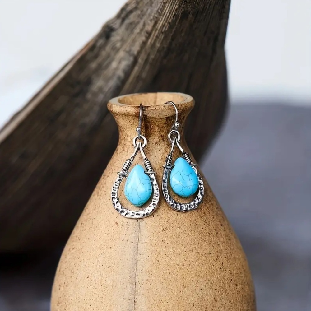 NWOT - Faux Turquoise Teardrop Earrings with Silver Detailing